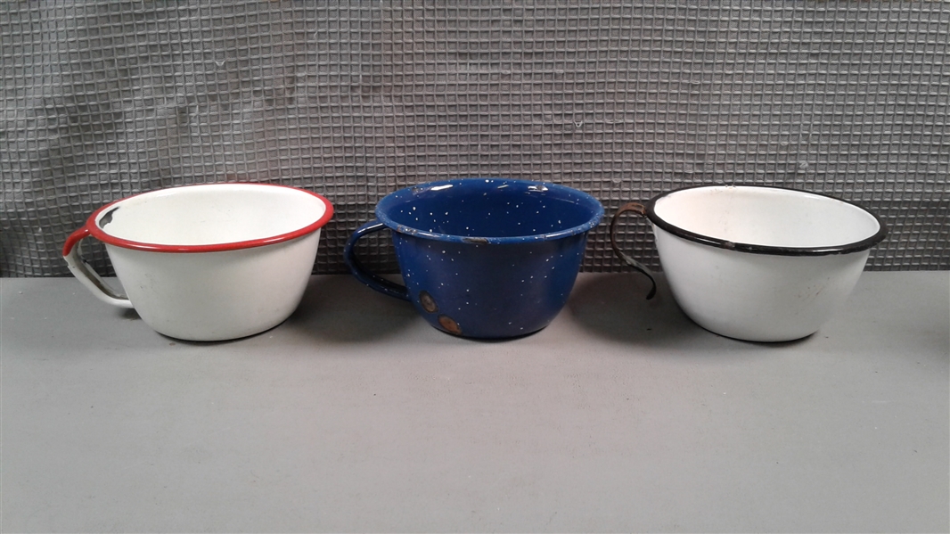 Vintage Enamel and Aluminum Cups, Funnel, and Measuring Cups