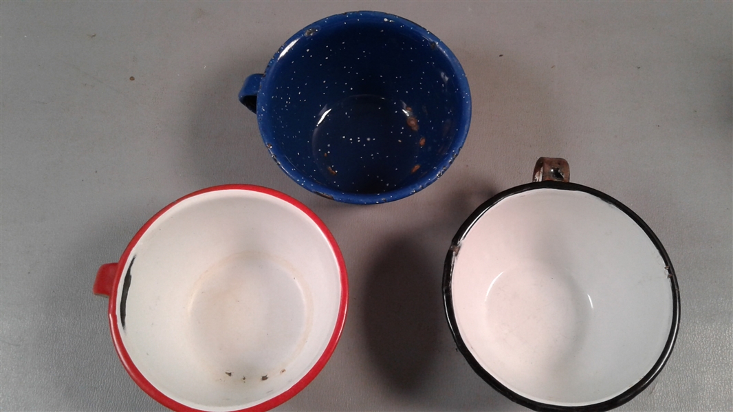 Vintage Enamel and Aluminum Cups, Funnel, and Measuring Cups