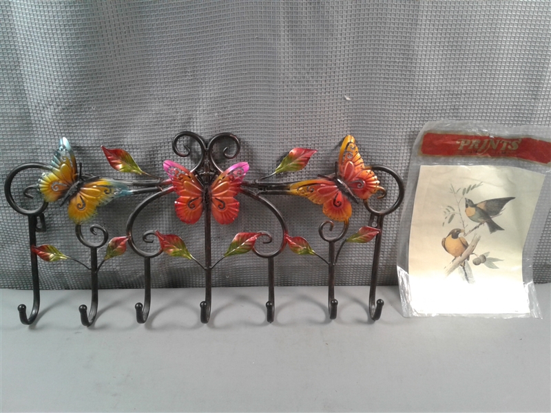 Butterfly Coat Rack and Bird Picture 