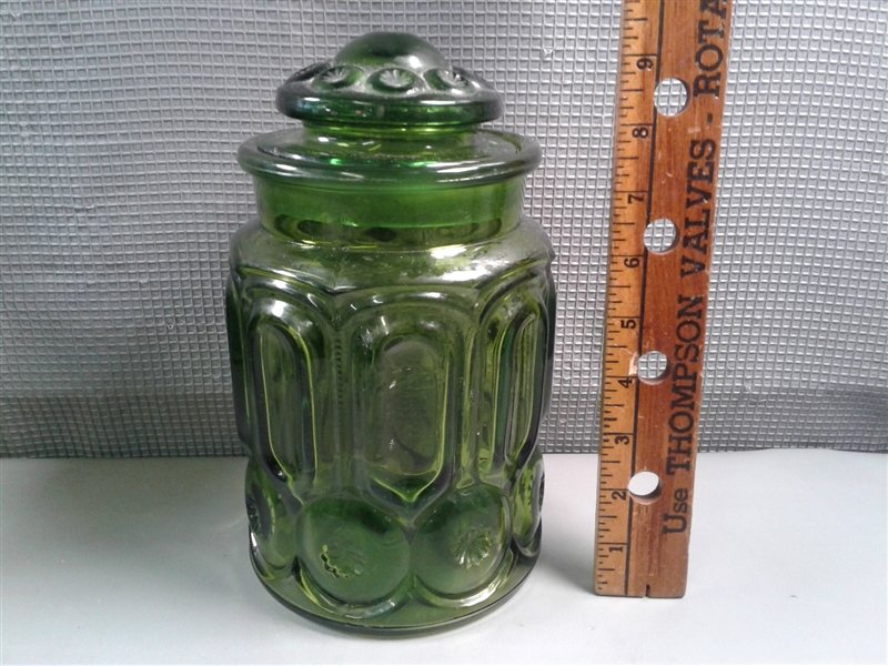 Rare Vintage Glass Canister Set LE Smith Moon & Stars Green Set of 7 Canisters