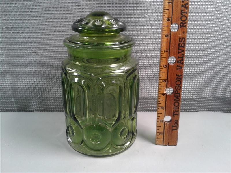 Rare Vintage Glass Canister Set LE Smith Moon & Stars Green Set of 7 Canisters