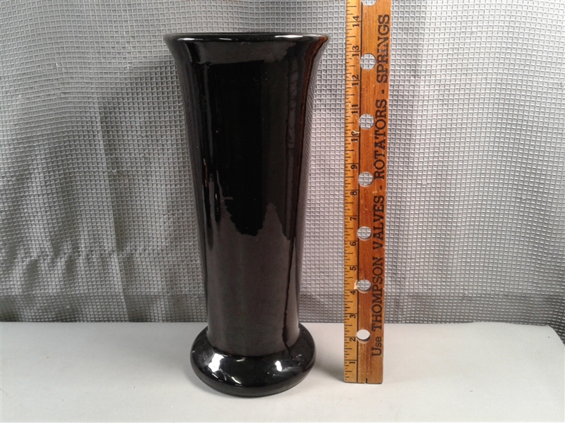 Vintage L.E. Smith MT. Pleasant Black Amethyst Double Candle Stick, Ceramic Vase, and Bemco Black Lacquer