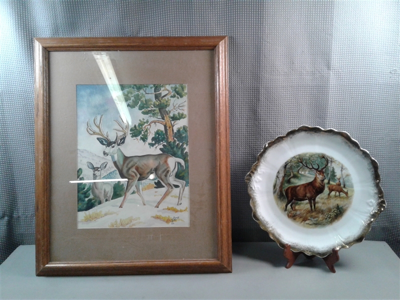 Framed Original Watercolor Painting and Bavaria Collector's Plate