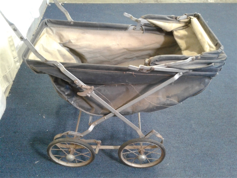 Vintage Rocking Doll Bassinet and Antique Baby Buggy  