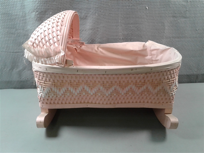 Vintage Rocking Doll Bassinet and Antique Baby Buggy  