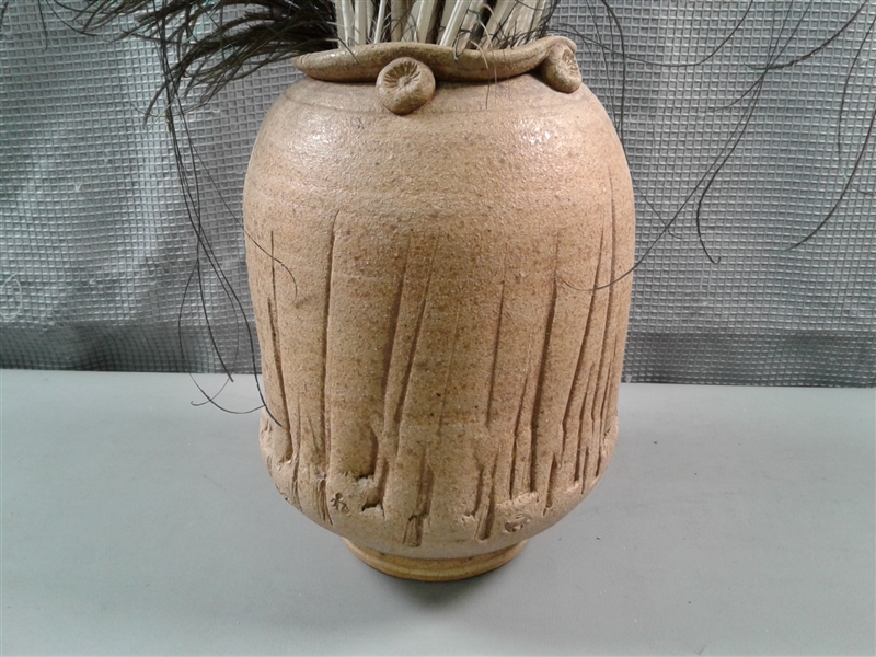 Handmade Stoneware Pottery W/Peacock Feathers