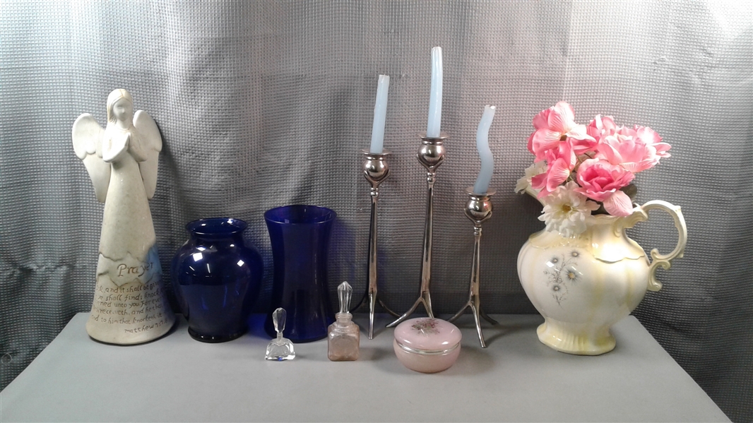 Cobalt Vases, Candlesticks, Vintage Glass Bottles & Quartz Trinket Box