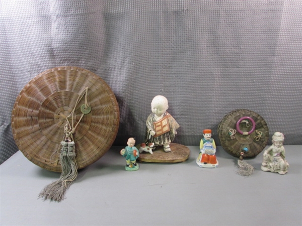 Vintage Oriental Figurines and Woven Baskets with Coin Ornaments on Top