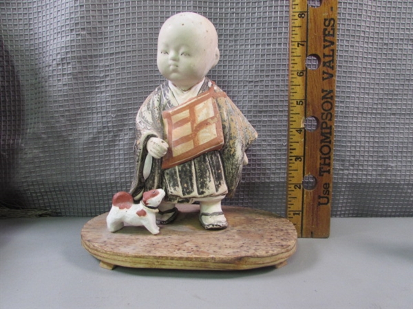 Vintage Oriental Figurines and Woven Baskets with Coin Ornaments on Top