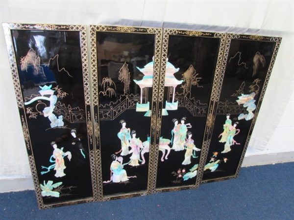 Oriental Black Lacquer Wall Panels Mother Of Pearl Geisha Girls Asian Art Lot ( Set of 4 )