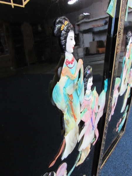 Oriental Black Lacquer Wall Panels Mother Of Pearl Geisha Girls Asian Art Lot ( Set of 4 )