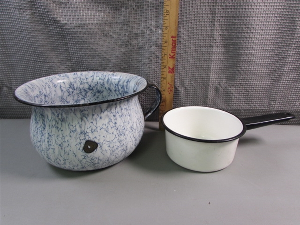 Vintage Graniteware Enamel Platter, Bowls, Pots & More