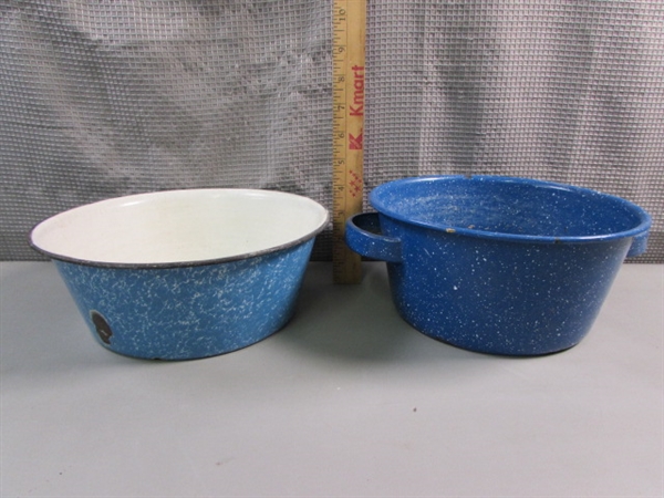 Vintage Graniteware Enamel Platter, Bowls, Pots & More
