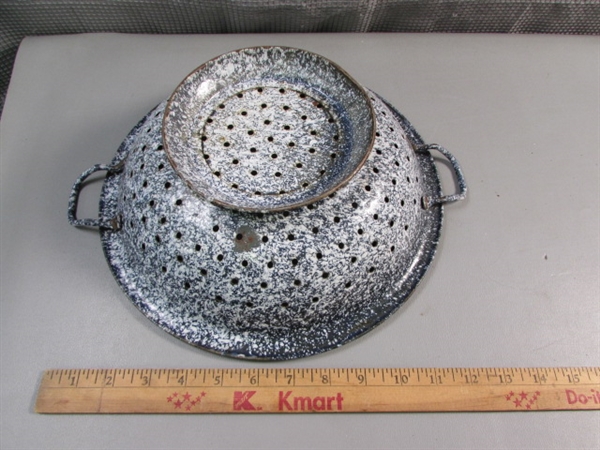 Vintage Graniteware Enamel Strainers, Pot & Saucepan