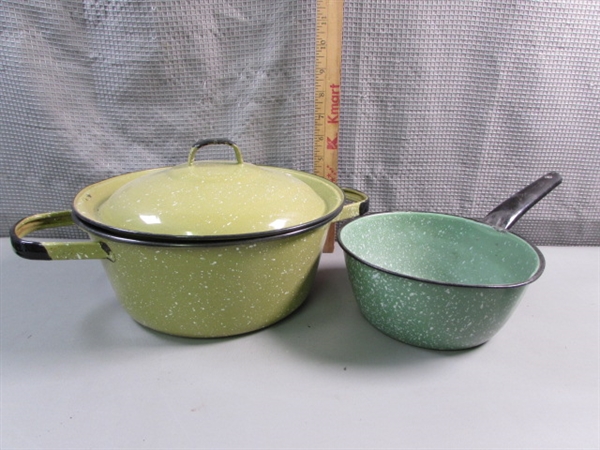 Vintage Graniteware Enamel Strainers, Pot & Saucepan