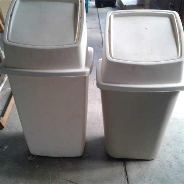 Pair of Rubbermaid 13 Gal Flip Top Garbage Cans