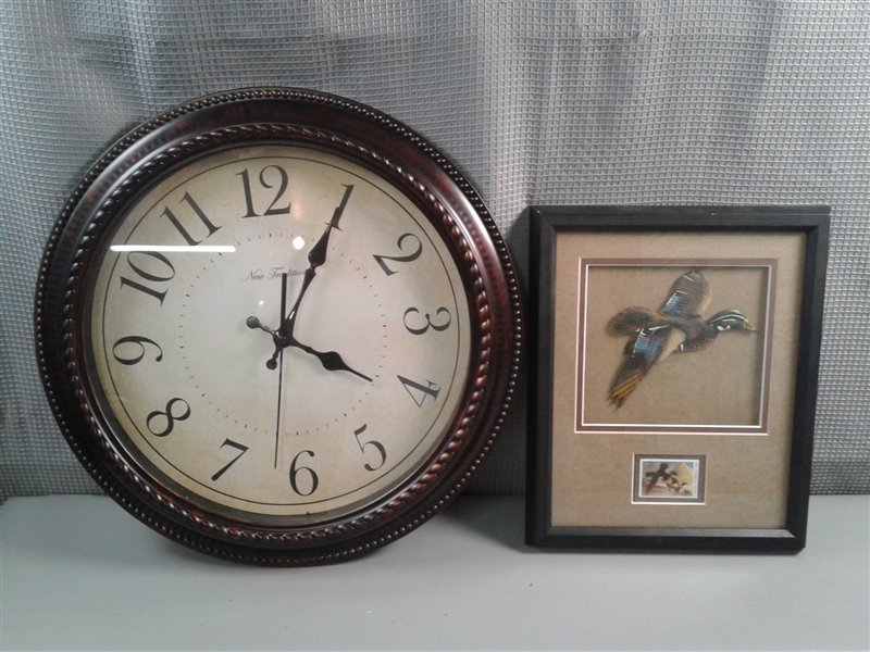 DUCKS UNLIMITED 2008 $5 Duck Stamp with Carved Wood Duck & Wall Clock