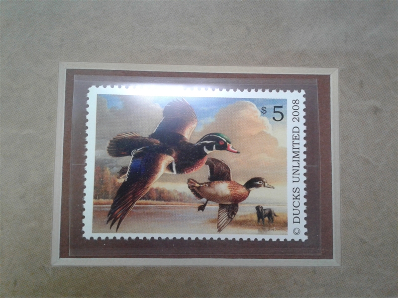 DUCKS UNLIMITED 2008 $5 Duck Stamp with Carved Wood Duck & Wall Clock