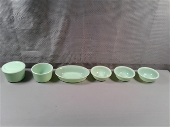 Vintage McKee Jadeite Bowls, Oval Dish, and Lid