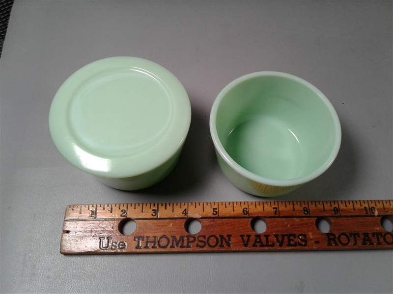 Vintage McKee Jadeite Bowls, Oval Dish, and Lid