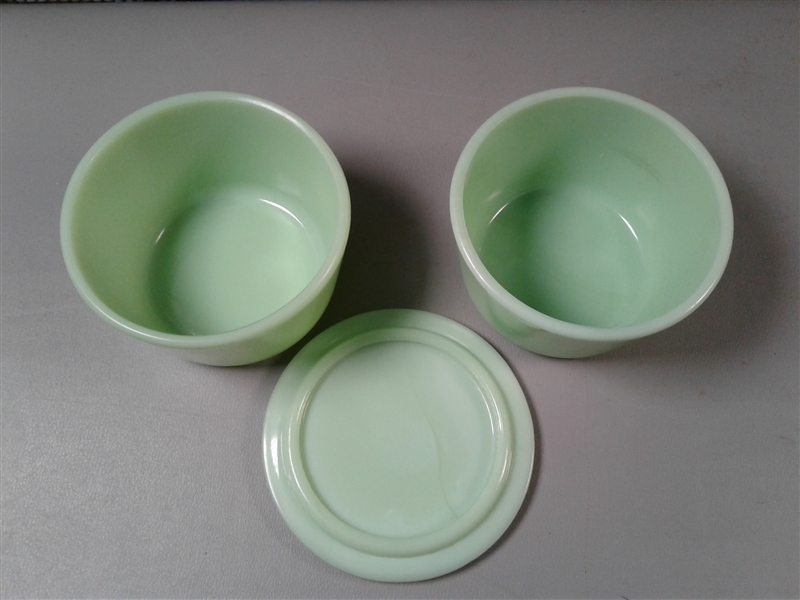 Vintage McKee Jadeite Bowls, Oval Dish, and Lid