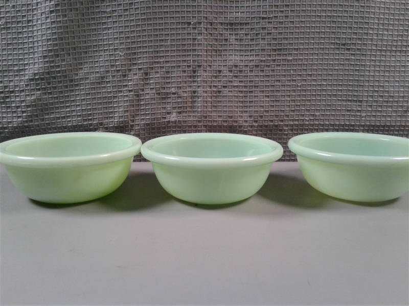 Vintage McKee Jadeite Bowls, Oval Dish, and Lid