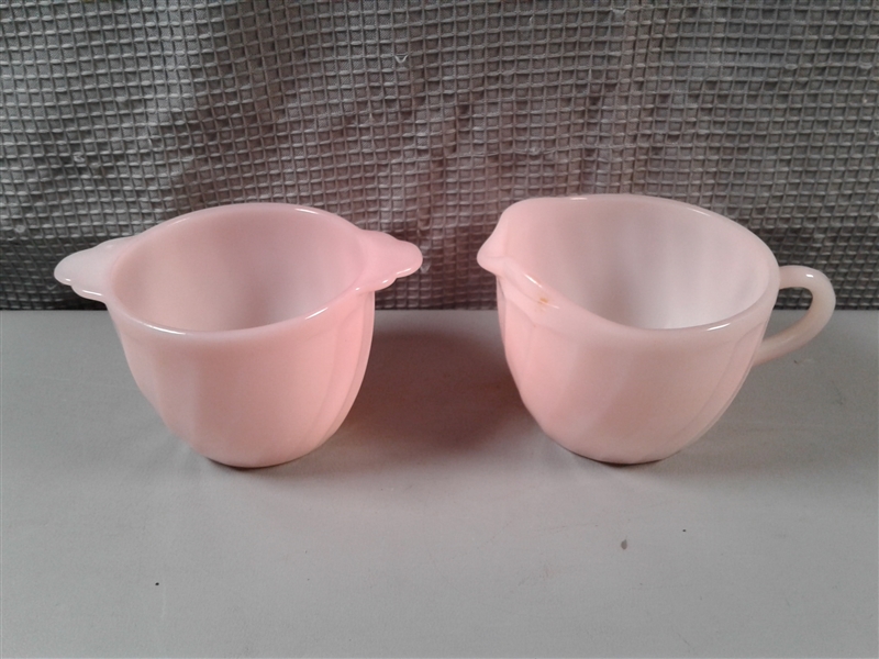 Vintage Fire King Pink Swirl Creamer and Sugar