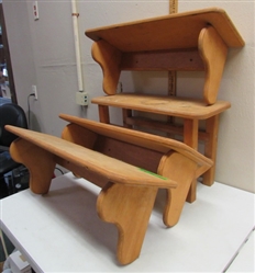 WOOD STOOL & 3 WALL SHELVES