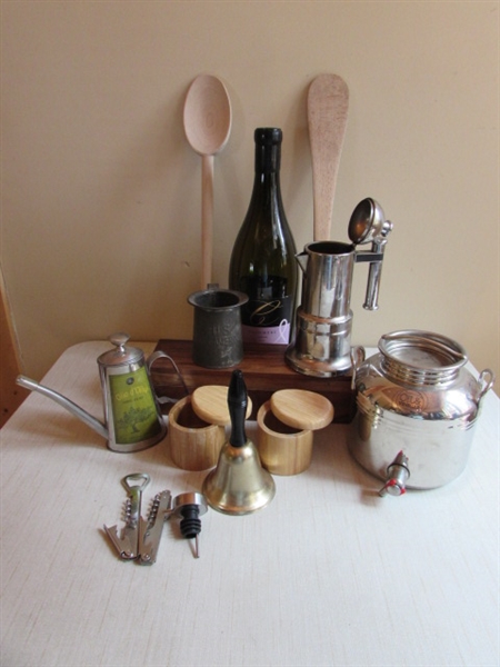 WOODEN SPICE HOLDERS, LARGE WOODEN SPOONS, TIN OIL/VINEGAR CONTAINERS & MORE