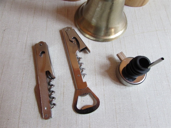 WOODEN SPICE HOLDERS, LARGE WOODEN SPOONS, TIN OIL/VINEGAR CONTAINERS & MORE