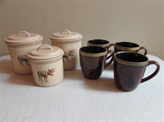 METAL "MOOSE" CANISTERS WITH LIDS & WILDLIFE THEMED COFFEE MUGS