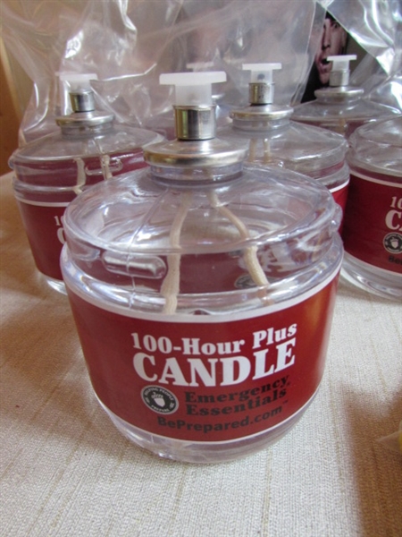 15 - 100 HOUR EMERGENCY CANDLES, PONCHOS & 3-STOOGES TINS