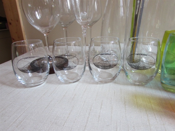 GLASS WATER PITCHER, STEMWARE, COLORED GLASSES & MORE