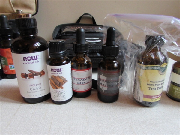 ASSORTED OILS & ESSENTIAL OILS, DIFFUSER & CARRYING BAGS