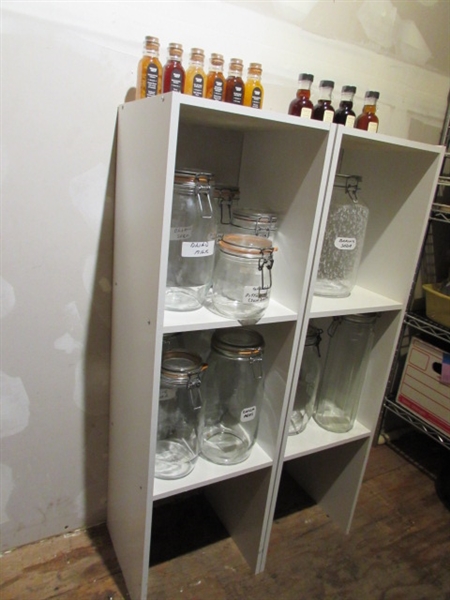 PAIR OF WOOD SHELF UNITS WITH ASSORTED STORAGE JARS & TRADER JOES HONEY