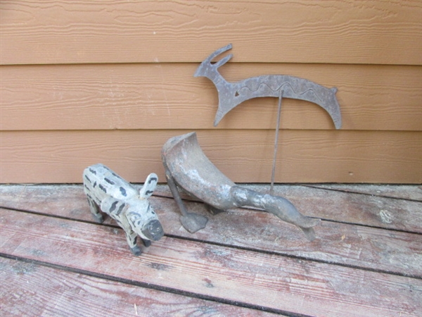VINTAGE WOODEN DUCK & BOAR, METAL RABBIT WITH STAKE