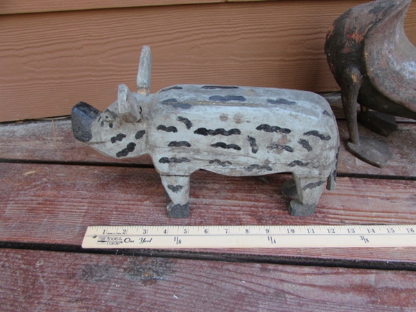 VINTAGE WOODEN DUCK & BOAR, METAL RABBIT WITH STAKE