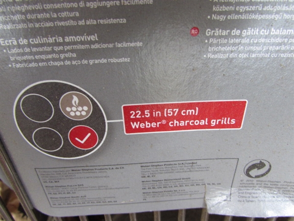 WEBER 14 CHARCOAL BBQ W/ BRIQUETTES, CHIPS, SMOKER