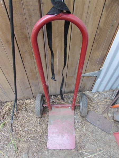 SNOW SHOVELS, SMALL HAND TRUCK, HOES, SAW & TALL SHEPHERDS HOOK