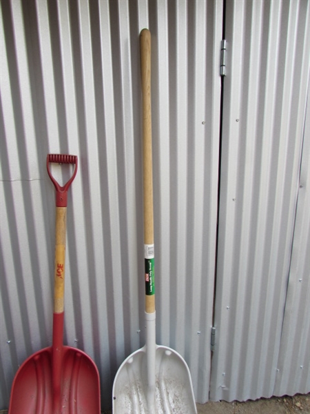 SNOW SHOVELS, SMALL HAND TRUCK, HOES, SAW & TALL SHEPHERDS HOOK