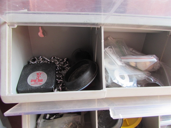 SMALL TOOLBOX, COMPARTMENT BIN & ASSORTED GARAGE ITEMS