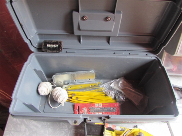 SMALL TOOLBOX, COMPARTMENT BIN & ASSORTED GARAGE ITEMS