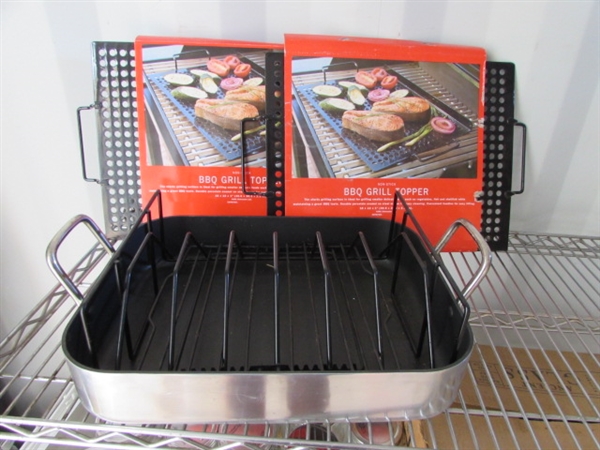 2 NEW BBQ GRILL TOPPERS & NON-STICK ROASTING PAN