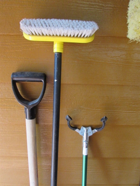 BROOMS, DUSTERS, SNOW SHOVEL, STOOL & MORE