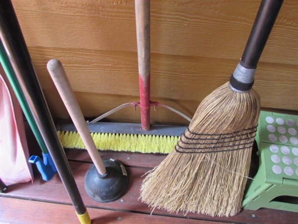 BROOMS, DUSTERS, SNOW SHOVEL, STOOL & MORE