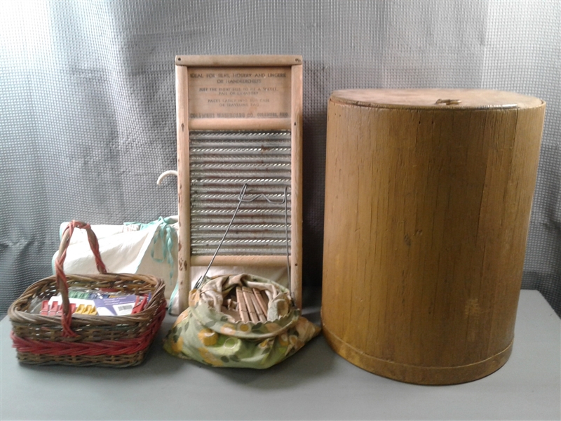 Vintage Washboard, Laundry Bag, Clothes Pins and Clothes pin Holder 