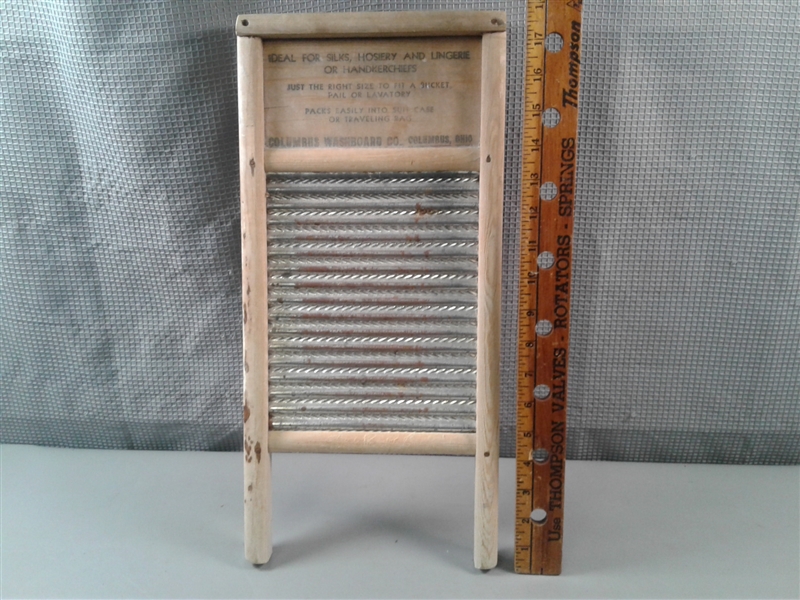 Vintage Washboard, Laundry Bag, Clothes Pins and Clothes pin Holder 