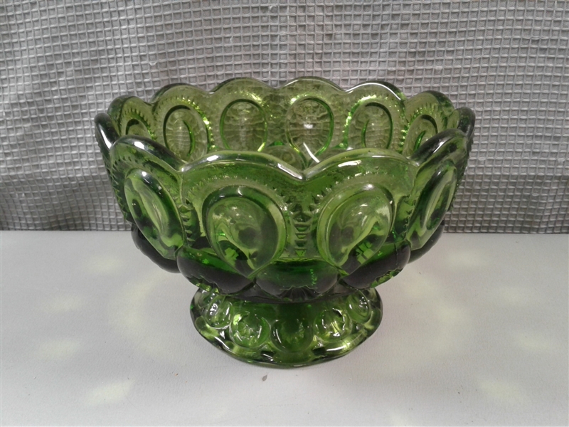 Vintage Depression Glass LE Smith Moon and Stars Green Footed Bowl