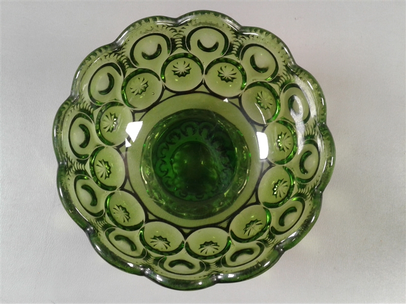 Vintage Depression Glass LE Smith Moon and Stars Green Footed Bowl