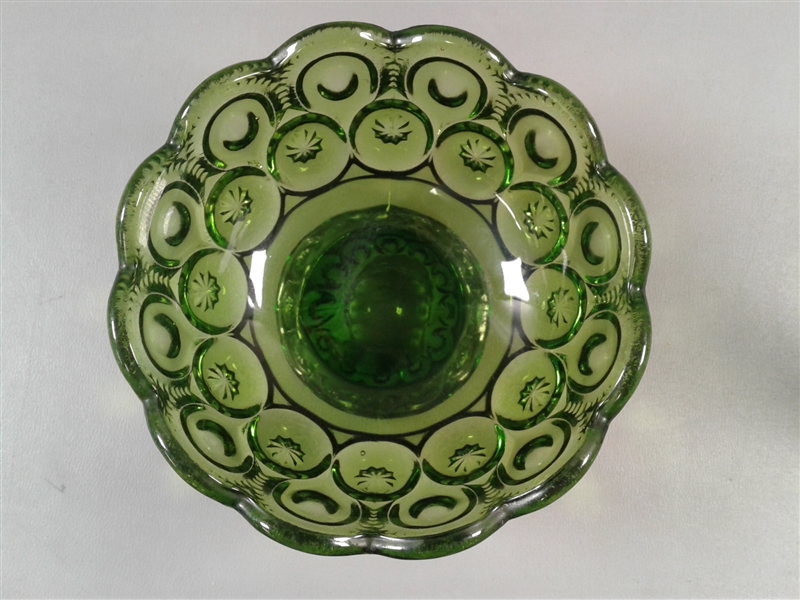 Vintage Depression Glass LE Smith Moon and Stars Green Footed Bowl